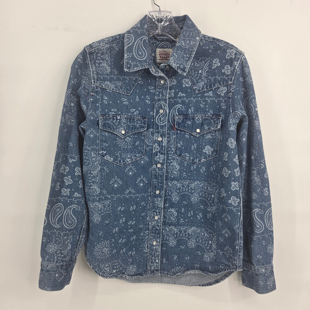 Levis Western Denim Shirt XS Blue Paisley Bandana Boho Pearl Snap Western
